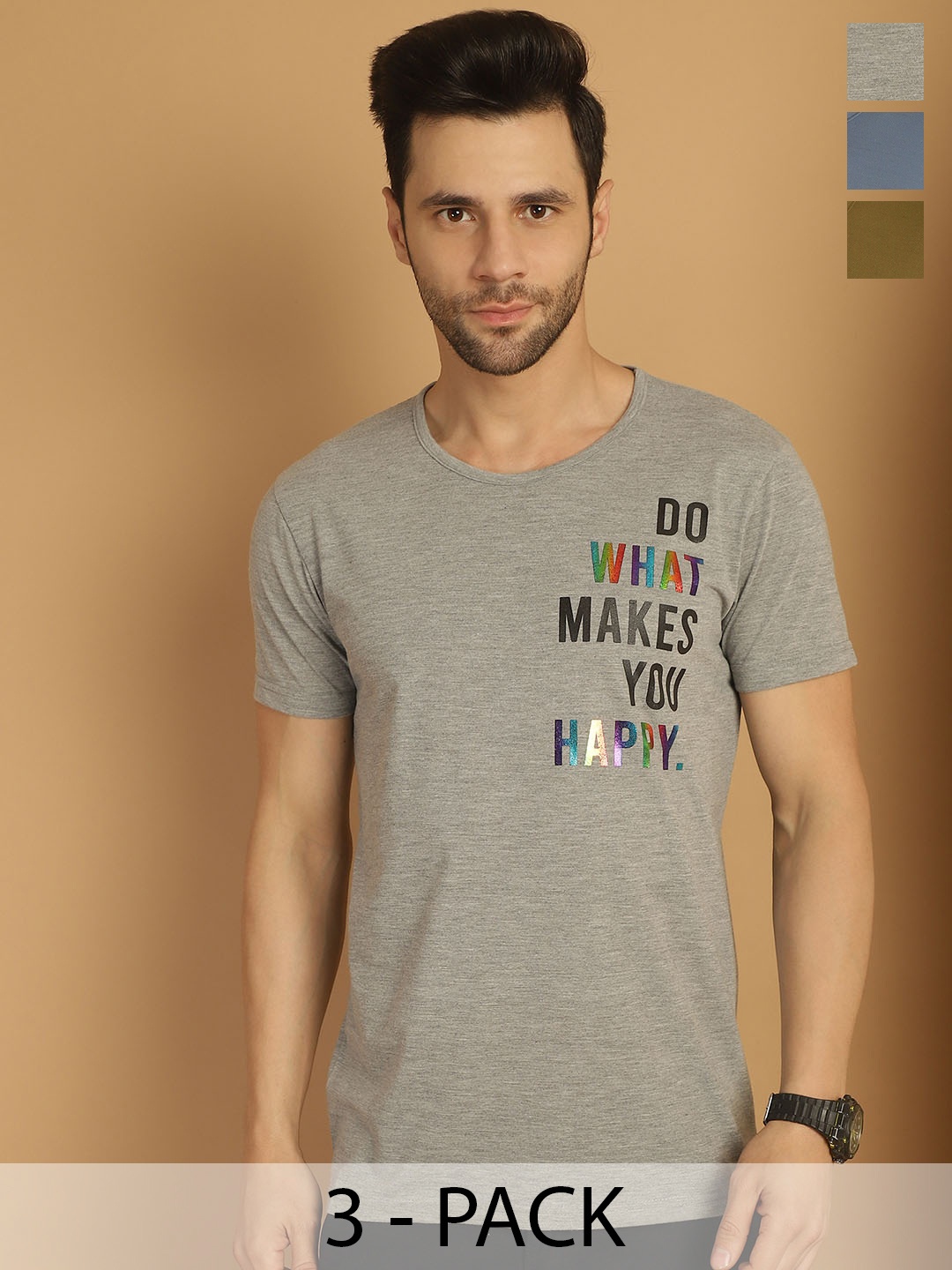 

MACK JONNEY Men Pack Of 3 Typography Printed Round Neck Cotton T-shirts, Blue