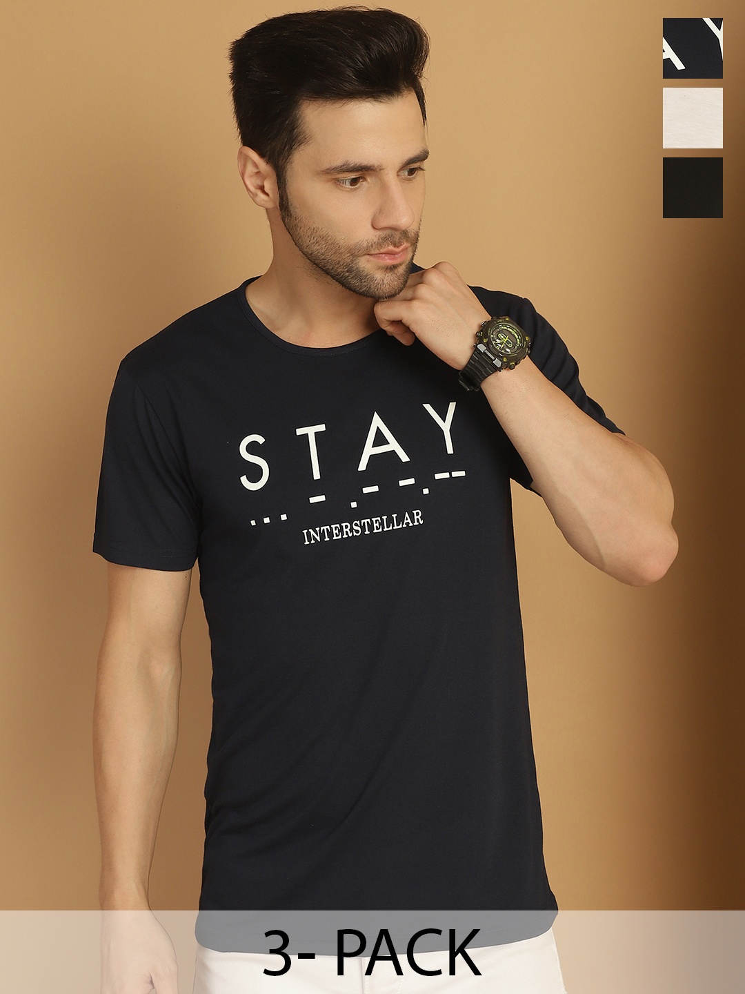 

MACK JONNEY Men Pack Of 3 Typography Printed Round Neck Cotton T-shirts, Black