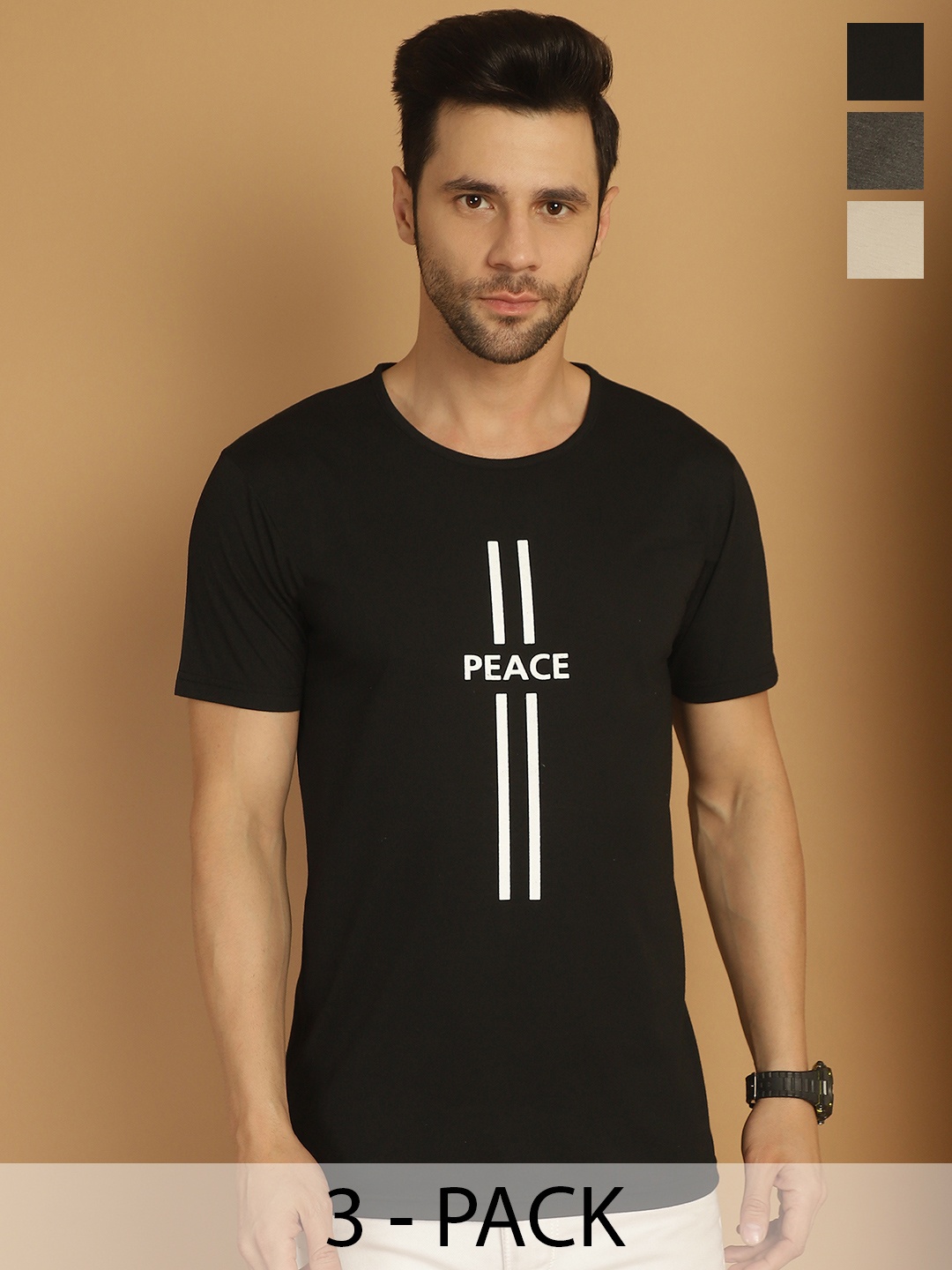 

VIMAL JONNEY Men Pack Of 3 Typography Printed Round Neck Cotton T-shirts, Beige