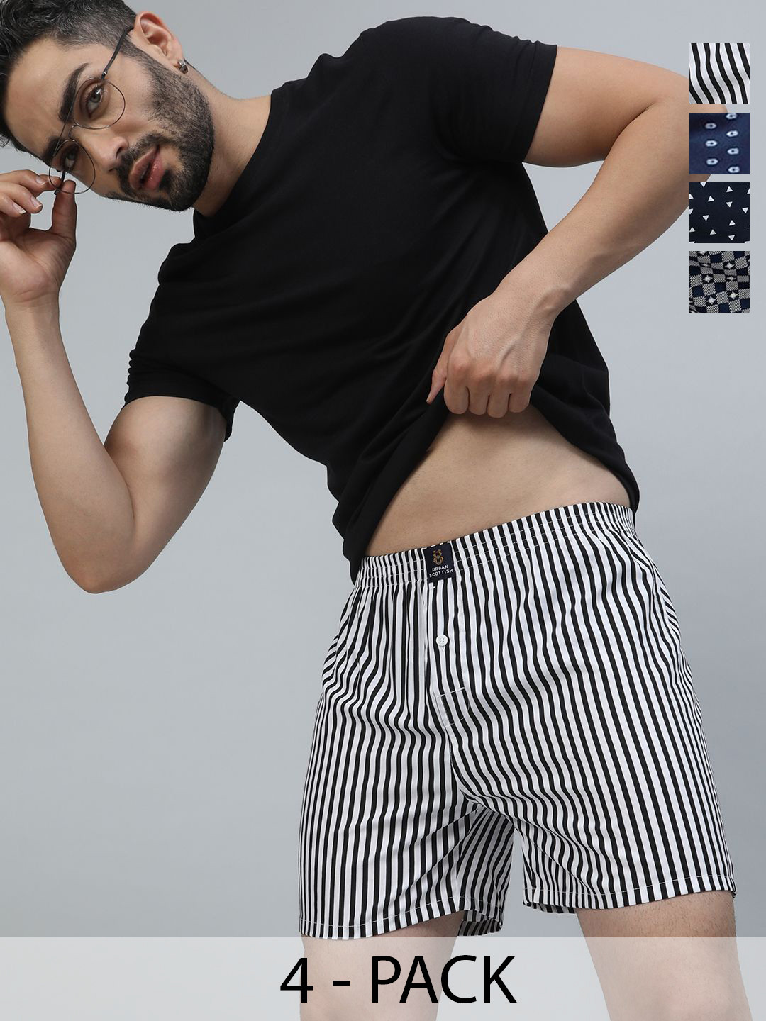 

URBAN SCOTTISH Men Pack Of 4 Printed Pure Cotton Boxers US4BX0144-S, White