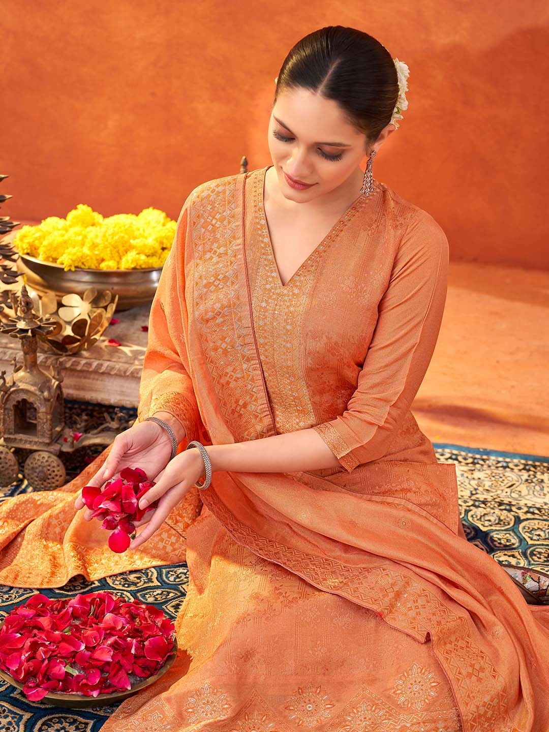 

Shaily Floral Woven Design Straight Kurta with Trousers & Dupatta, Peach