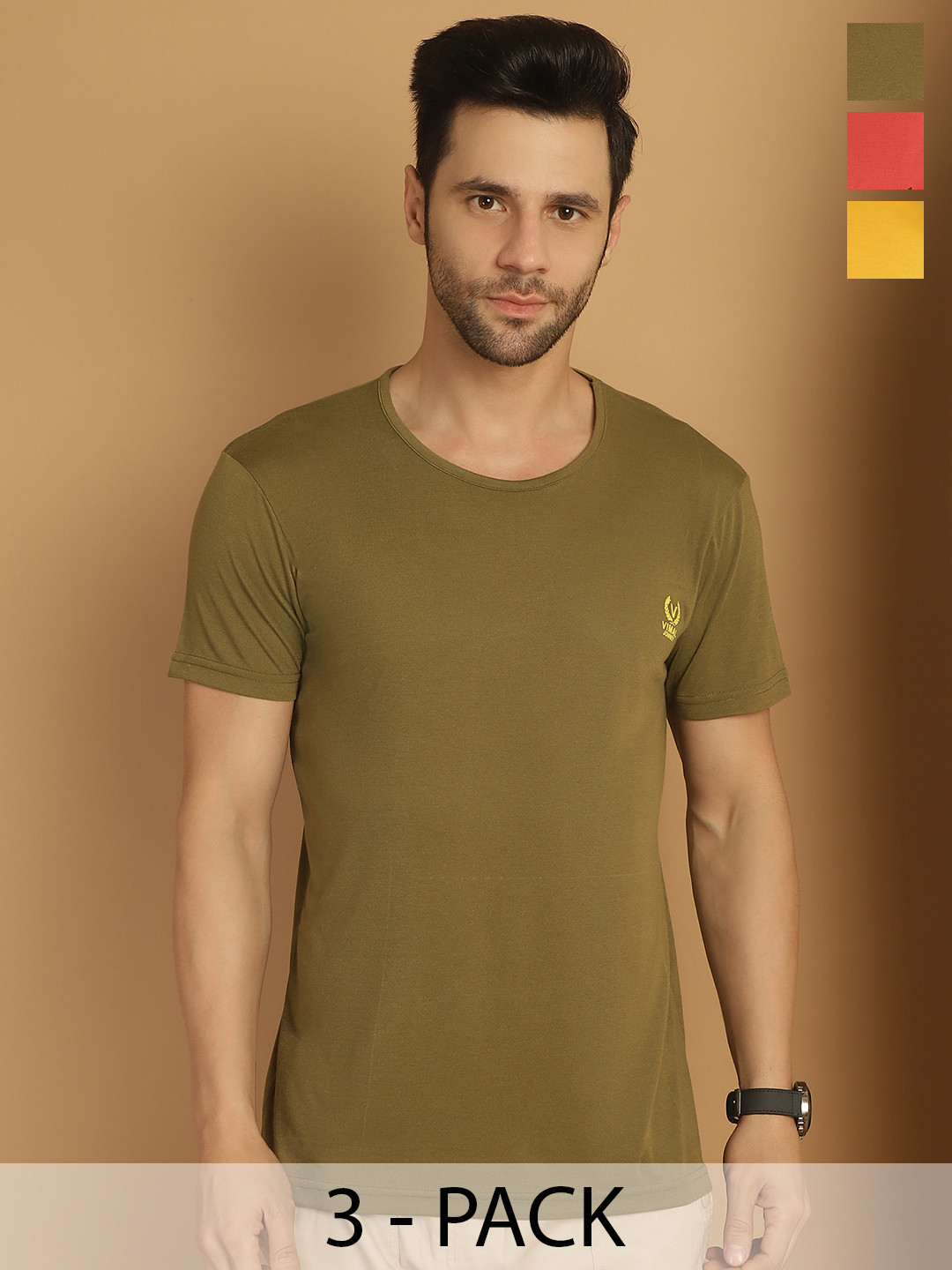 

VIMAL JONNEY Men Pack Of 3 Solid Round Neck Cotton T-shirts, Coral