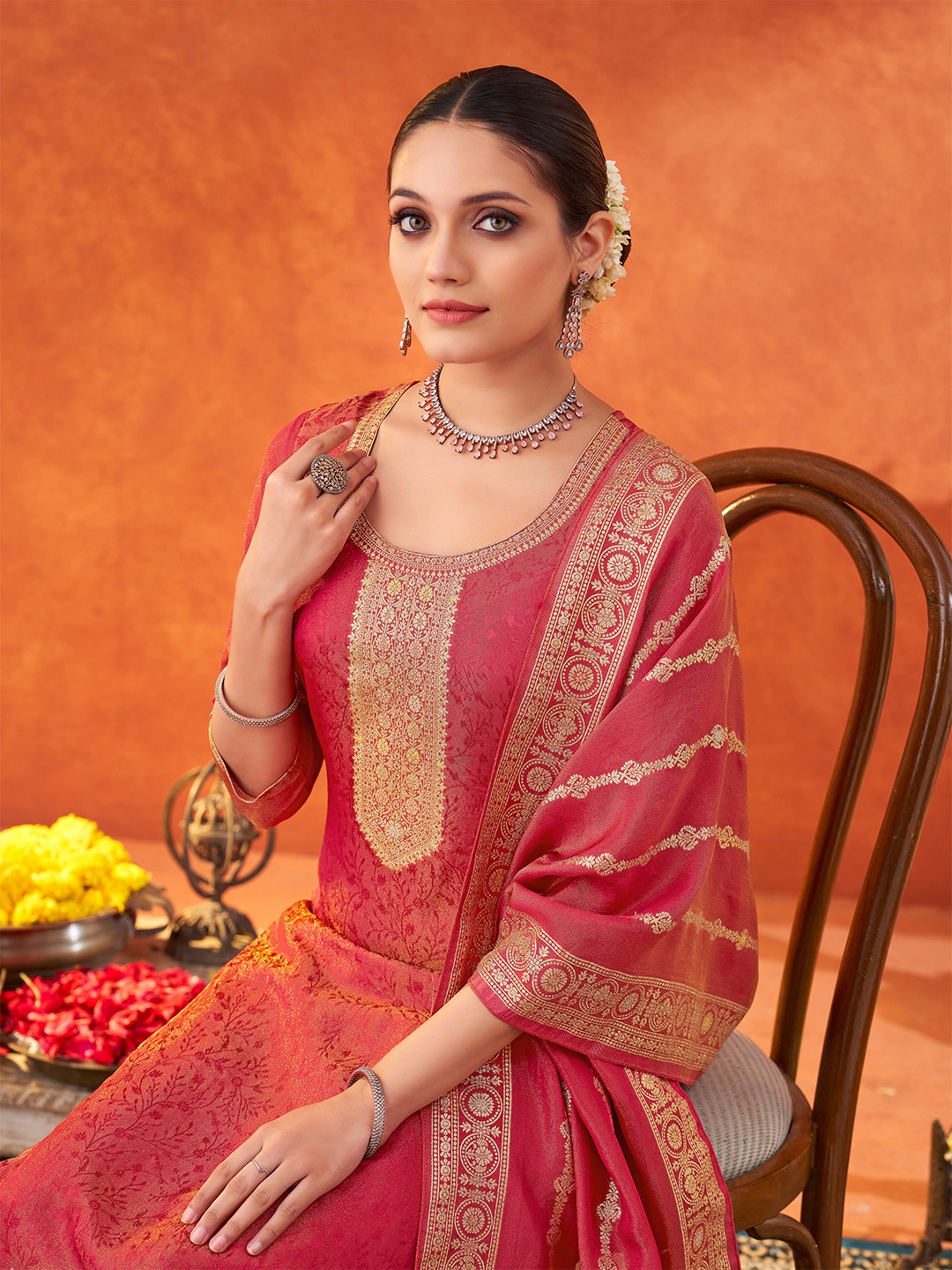 

Shaily Woven Design Jacquard Straight Kurta with Trouser & Dupatta, Pink