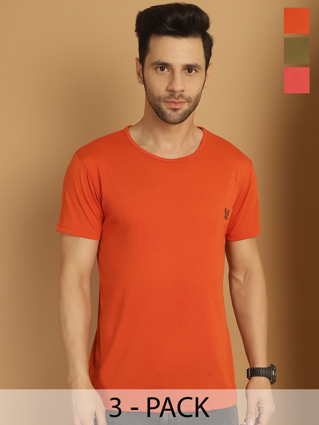 

VIMAL JONNEY Men Pack Of 3 Solid Round Neck Cotton T-shirts, Coral