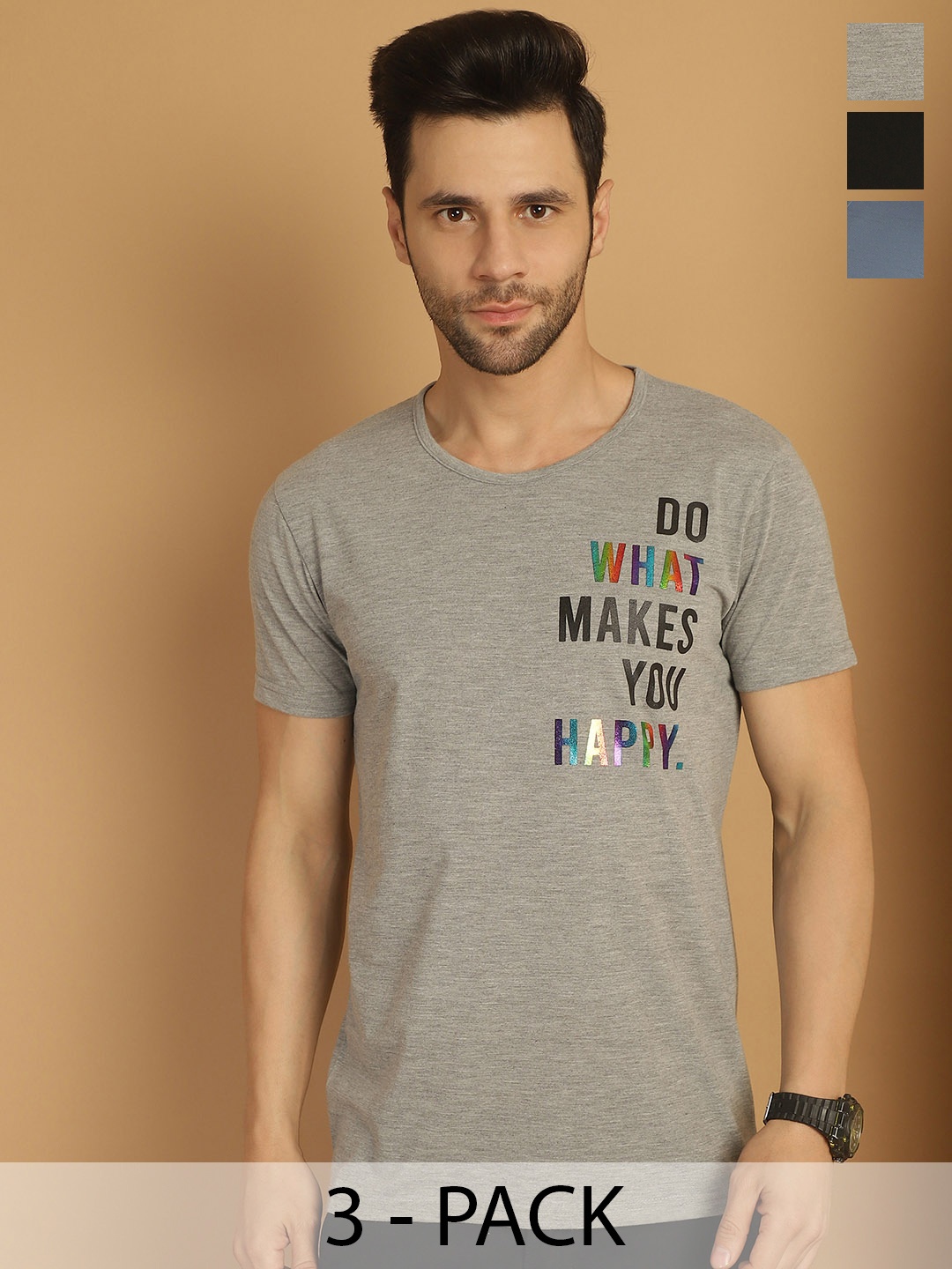 

MACK JONNEY Men Pack Of 3 Typography Printed Round Neck Cotton T-shirts, Black