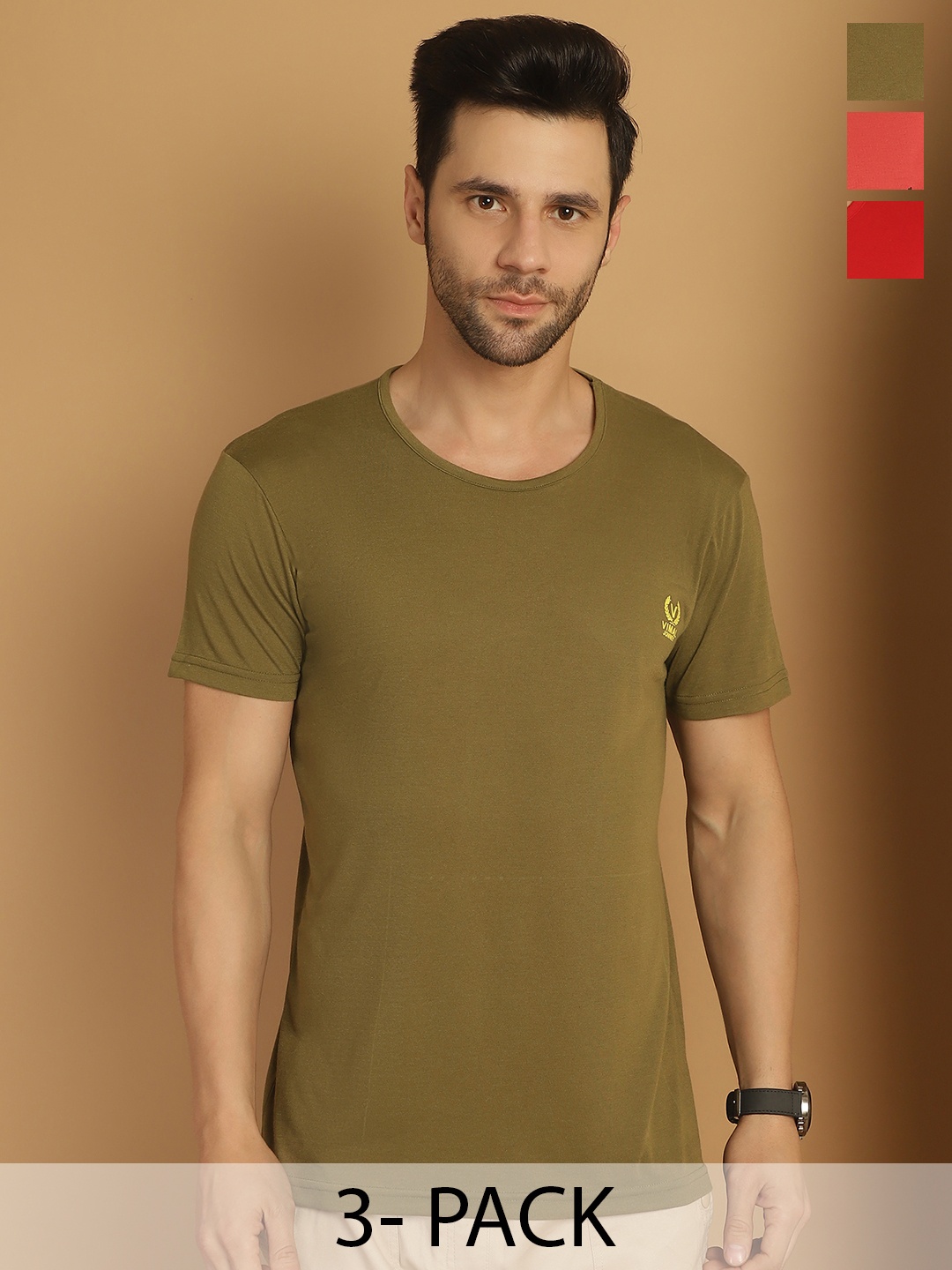 

VIMAL JONNEY Men Pack Of 3 Solid Round Neck Cotton T-shirts, Coral