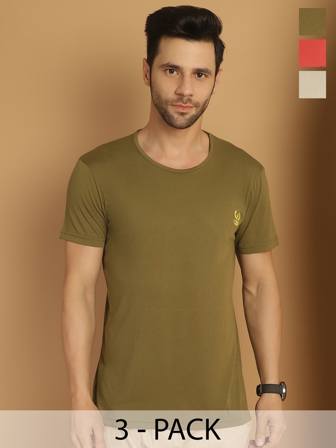

VIMAL JONNEY Men Pack Of 3 Solid Round Neck Cotton T-shirts, Red