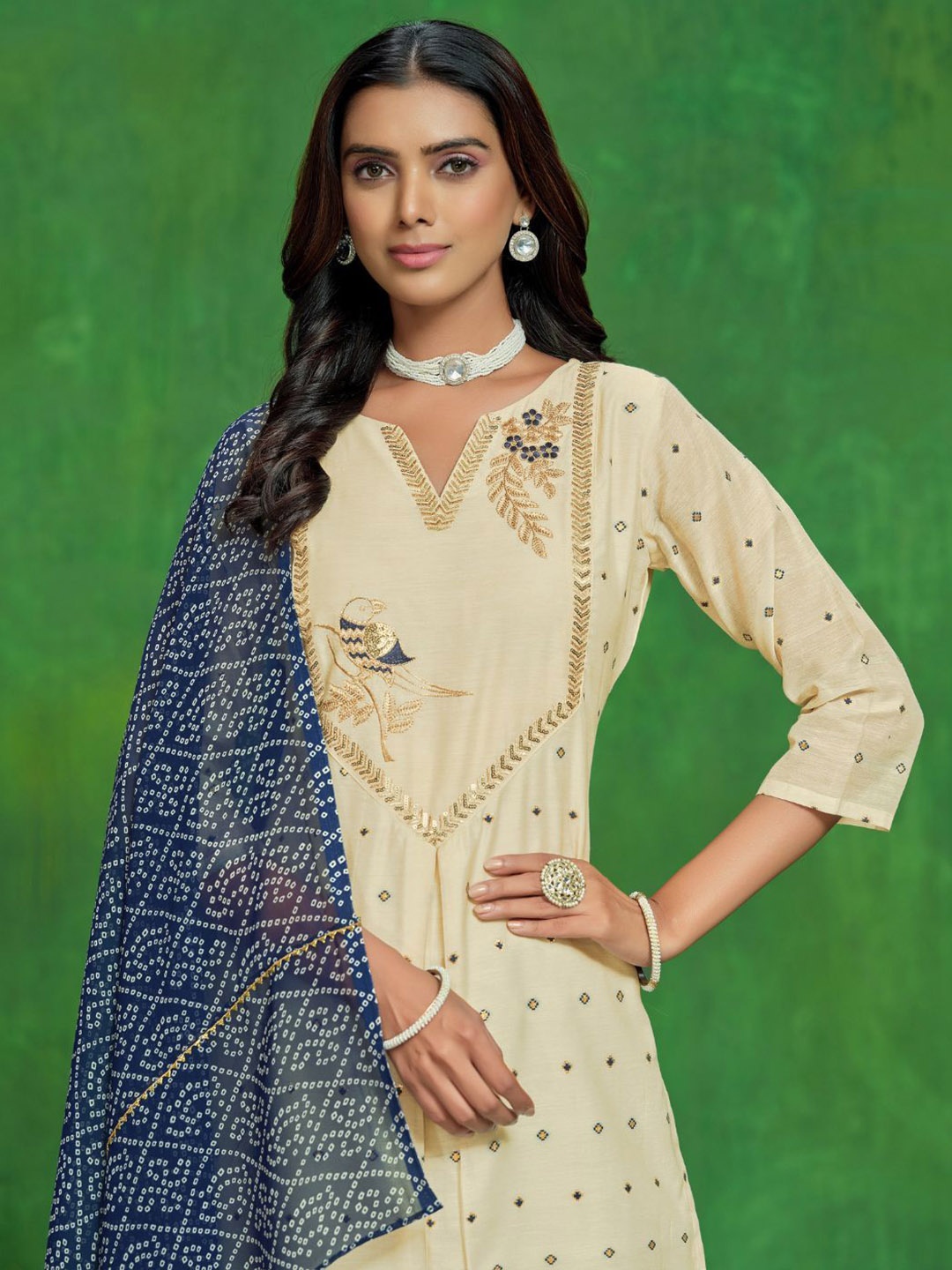 

Sangria Chanderi Cotton Embroidered Straight Kurta Palazzo With Bandhani Dupatta Set, Beige