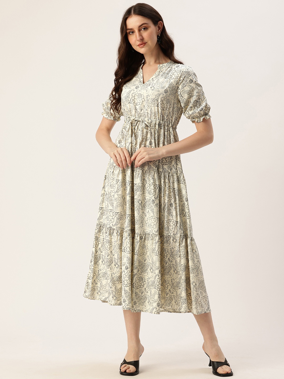 

AMUKTI Floral Printed Tiered Midi Dress, Beige