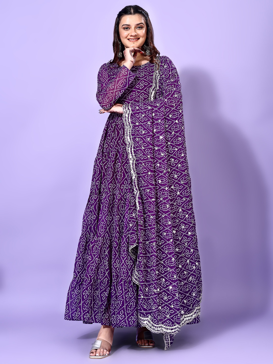 

KALINI Bandhani Printed Round Neck Tiered Anarkali Kurta with Pyjama & Dupatta, Purple