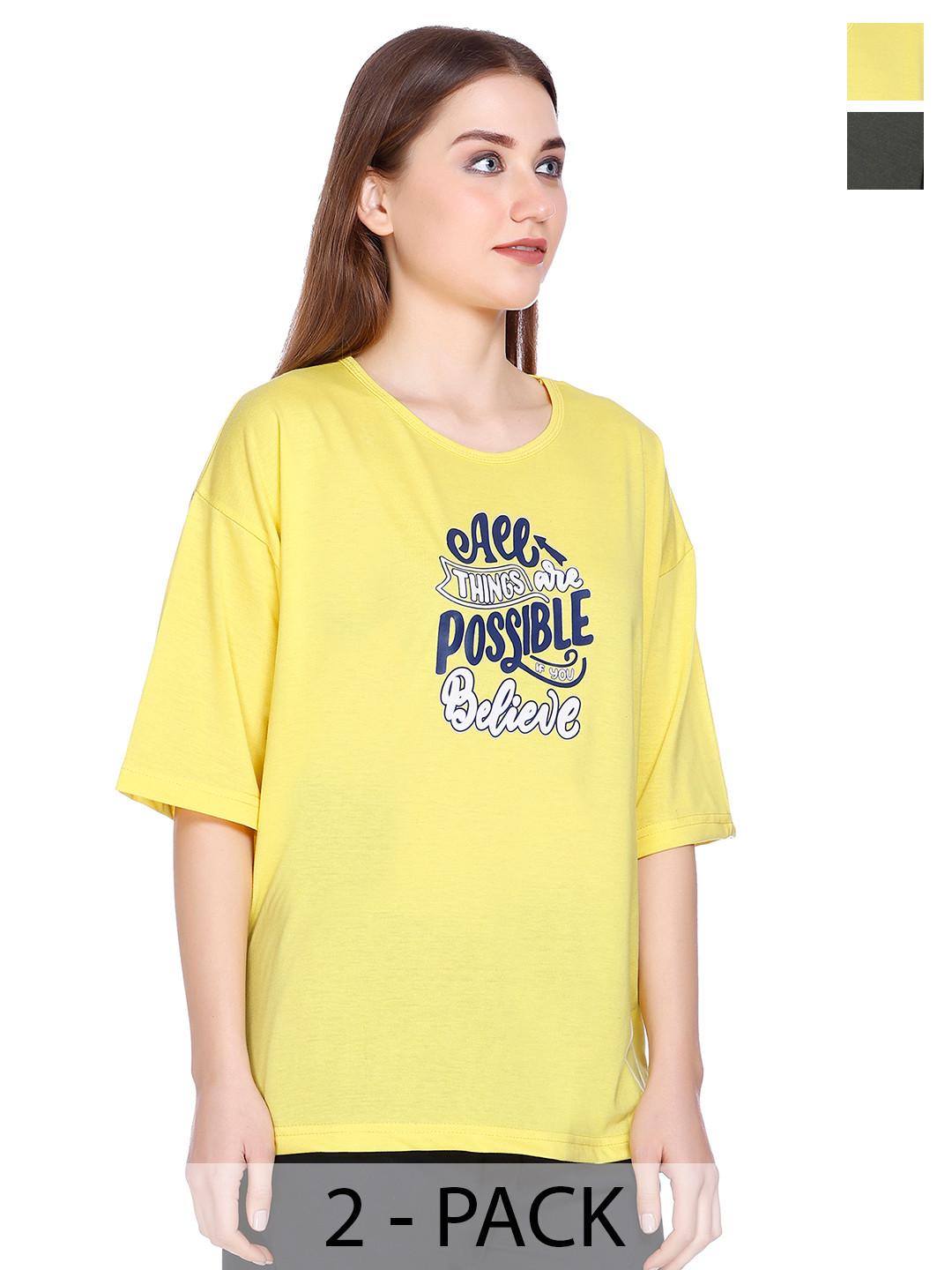 

URBE-URBAN EVOLUTION Women Pack Of 2 Typography Printed Cotton Relaxed Fit T-shirts, Olive