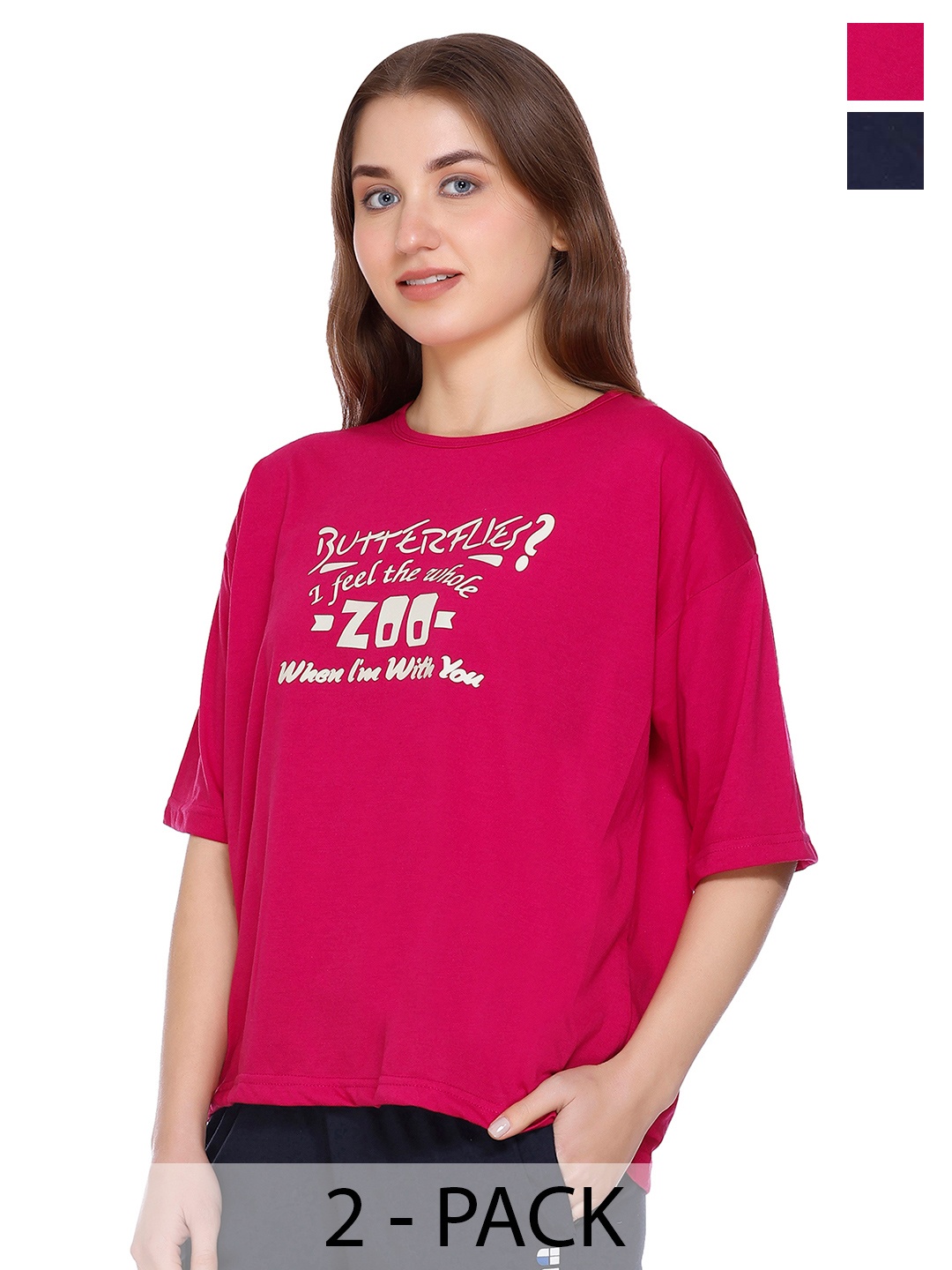

URBE-URBAN EVOLUTION Women Pack Of 2 Typography Printed Cotton Relaxed Fit T-shirts, Pink