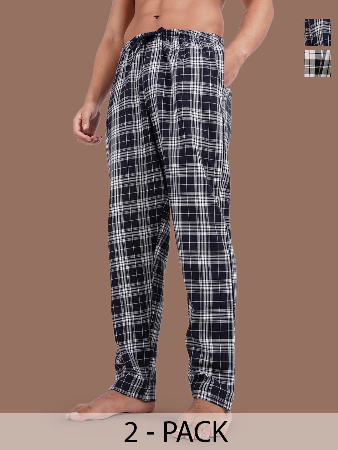 

Kryptic Men Pack Of 2 Checked Pure Cotton Mid-Rise Lounge Pants, Black