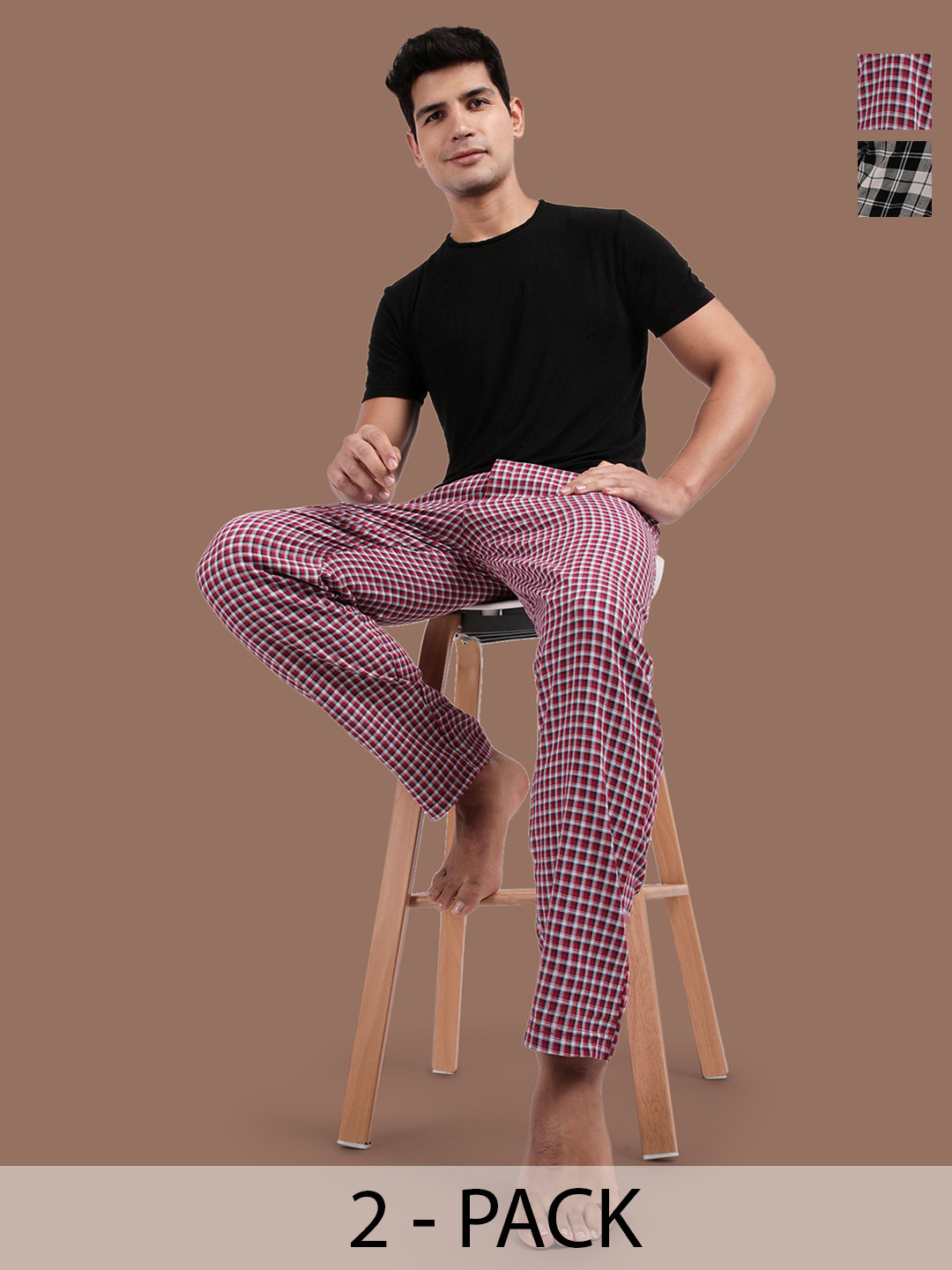 

Kryptic Men Pack Of 2 Checked Pure Cotton Lounge Pants, Black