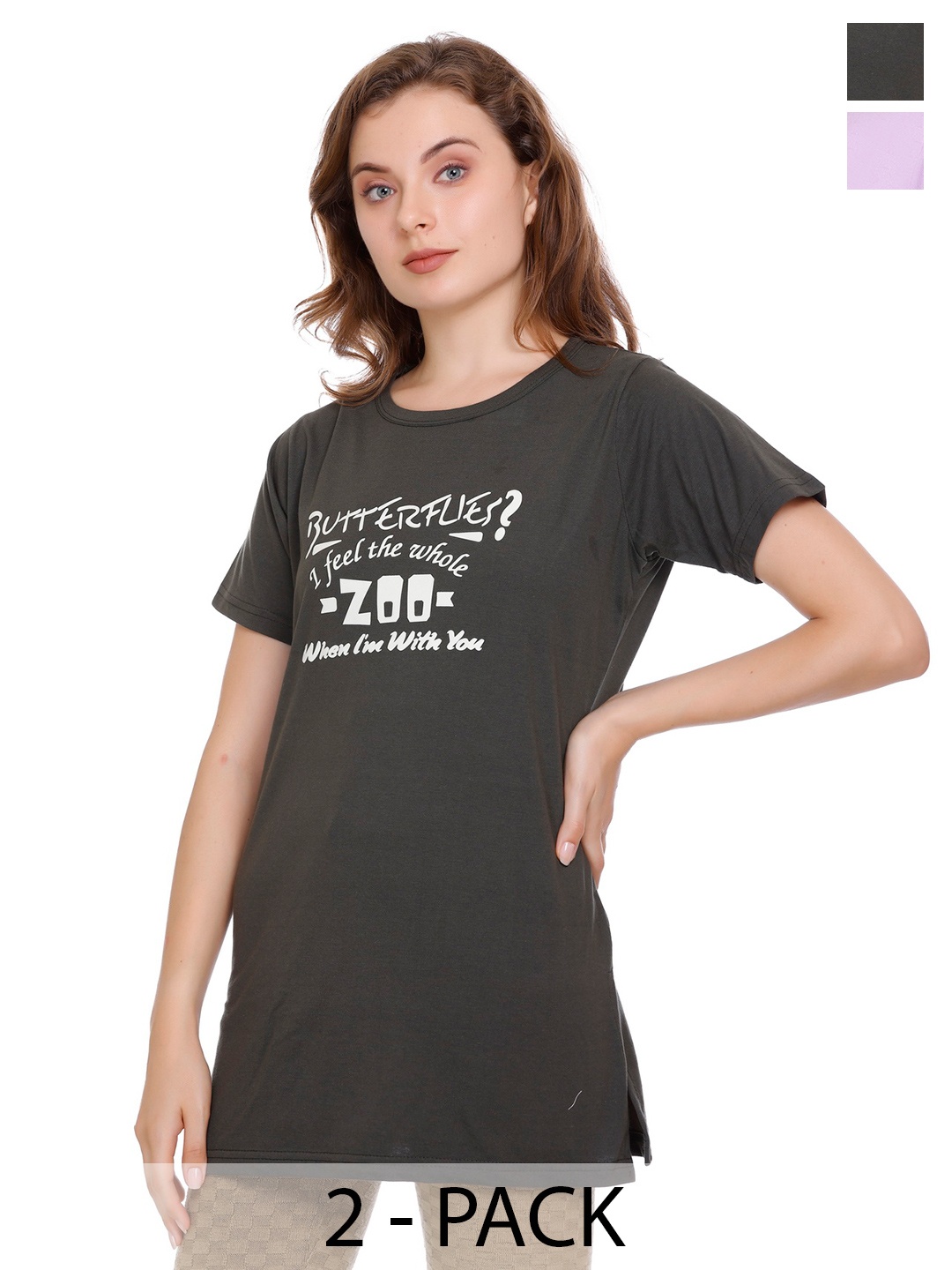 

URBE-URBAN EVOLUTION Women Pack Of 2 Floral Printed Round Neck Cotton T-shirts, Olive