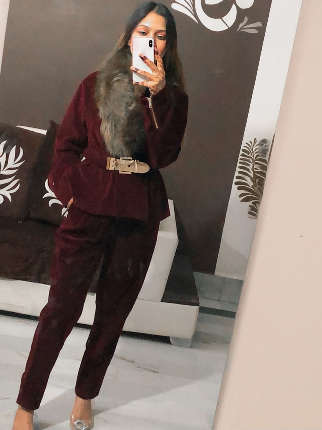 

MADE FOR HER LABEL GOBLIN CORDUROY V-Neck Long Sleeves Top With Trousers, Burgundy
