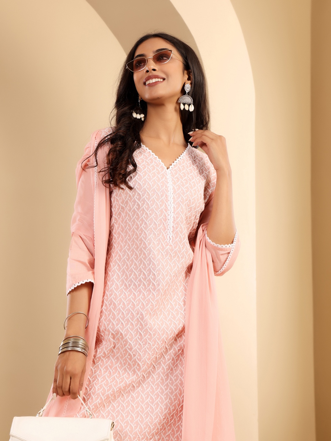 Varanga Floral Embroidered Thread Work Straight Kurta With Trousers & Dupatta, Peach