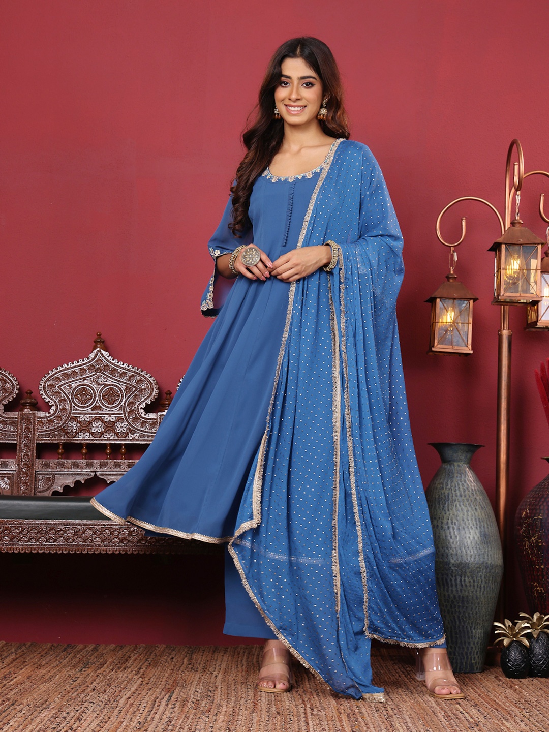 

Varanga Floral Embroidered Silk Georgette Anarkali Kurta With Palazzos & Dupatta, Blue
