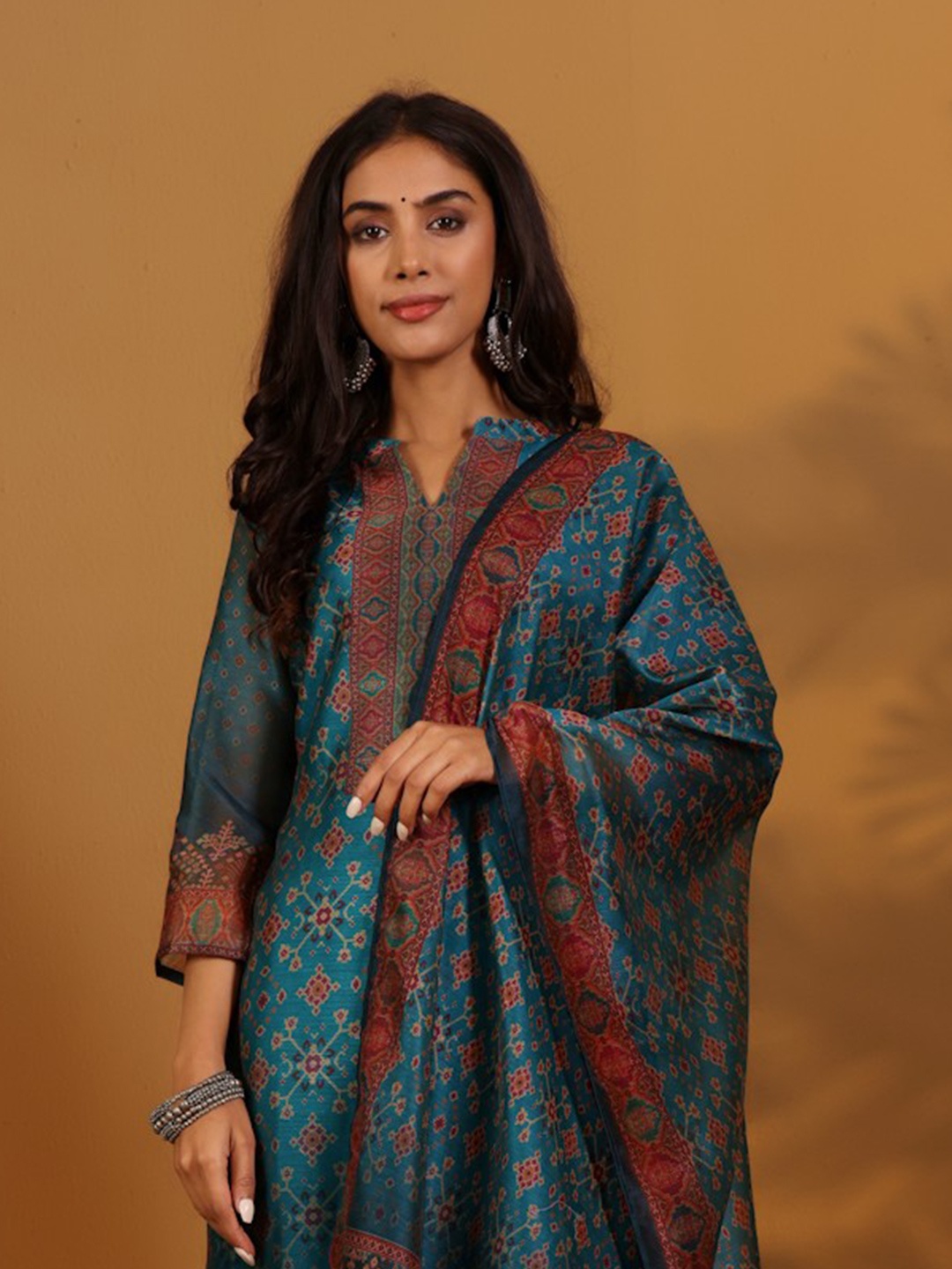 

Varanga Ethnic Motifs Printed Chanderi Silk Straight Kurta With Trousers And Dupatta, Teal