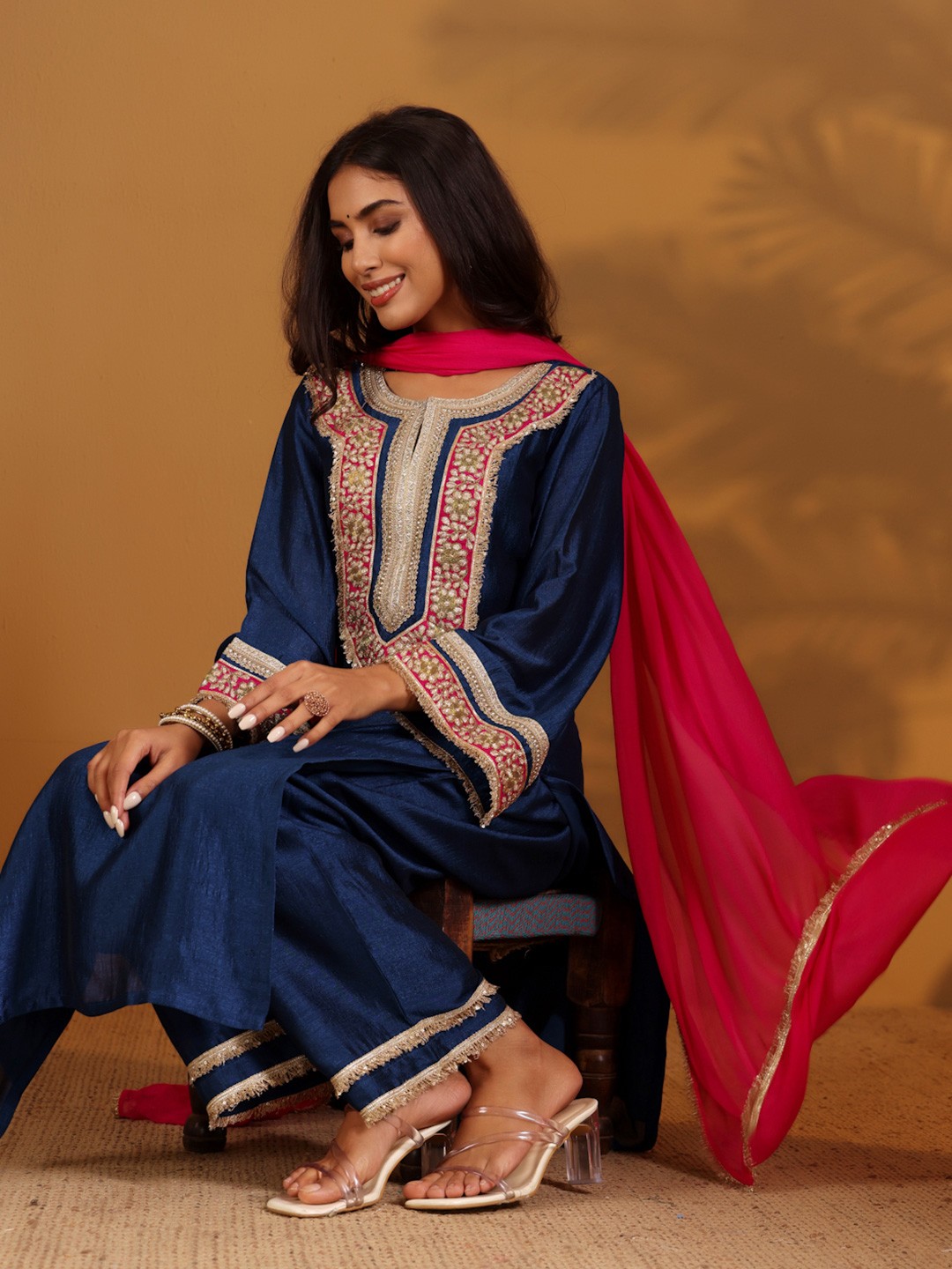 

Varanga Floral Embroidered Gotta Patti Notch Neck Straight Kurta With Trousers & Dupatta, Blue
