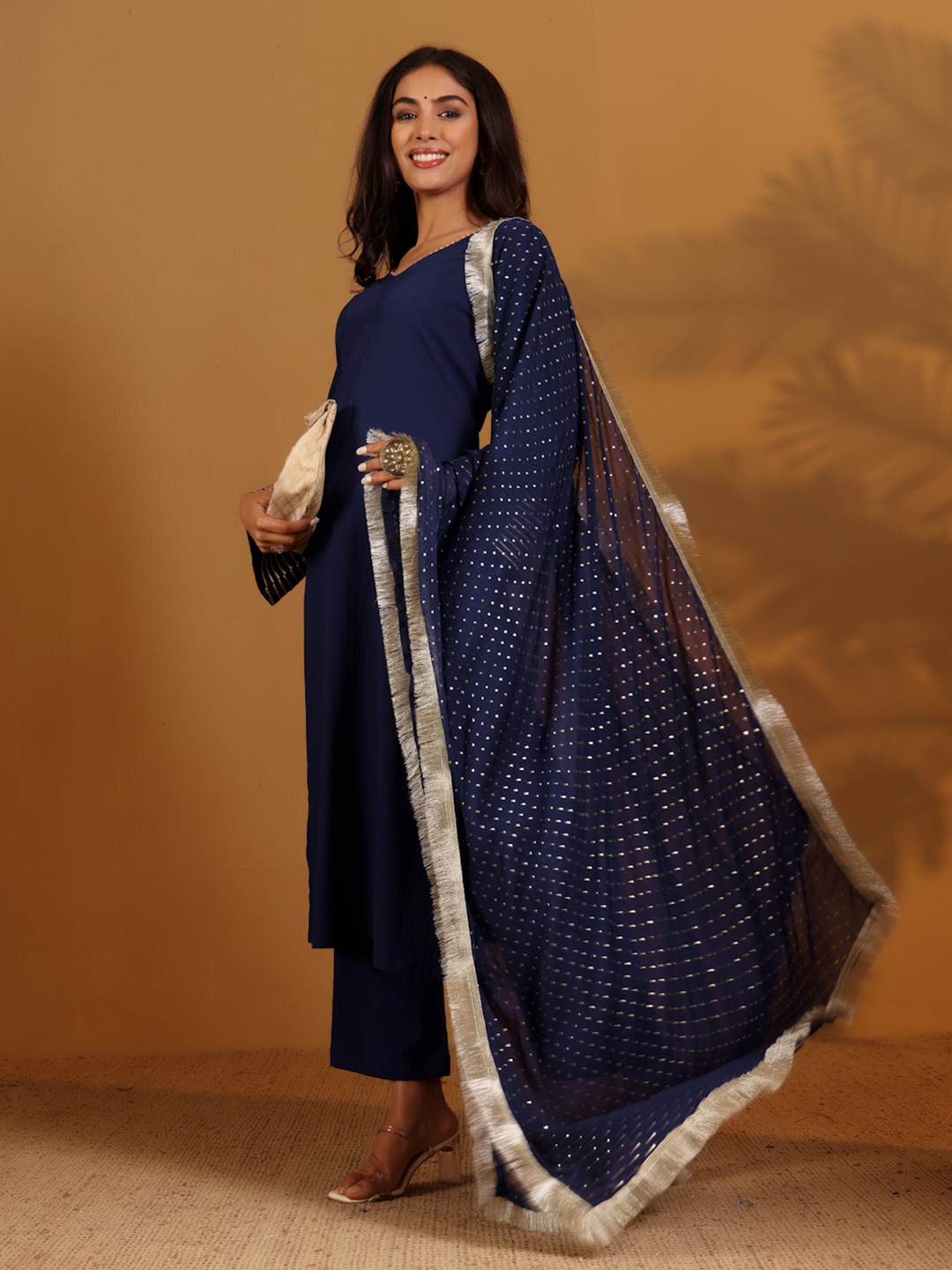 

Varanga Gotta Patti V-Neck Flared Sleeves Straight Kurta With Trousers & Dupatta, Navy blue