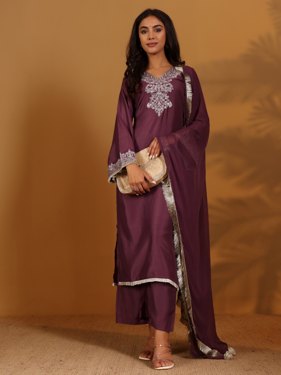 

Varanga Floral Embroidered Sequnnied V-Neck Straight Kurta With Trousers & Dupatta, Mauve