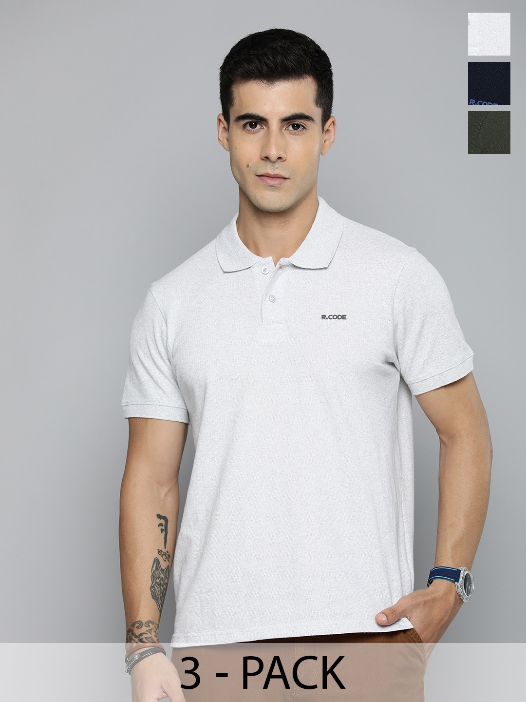 

R.Code by The Roadster Lifestyle Co. Men Regular Fit Pack Of 3 Solid Polo Cotton T-shirts, White