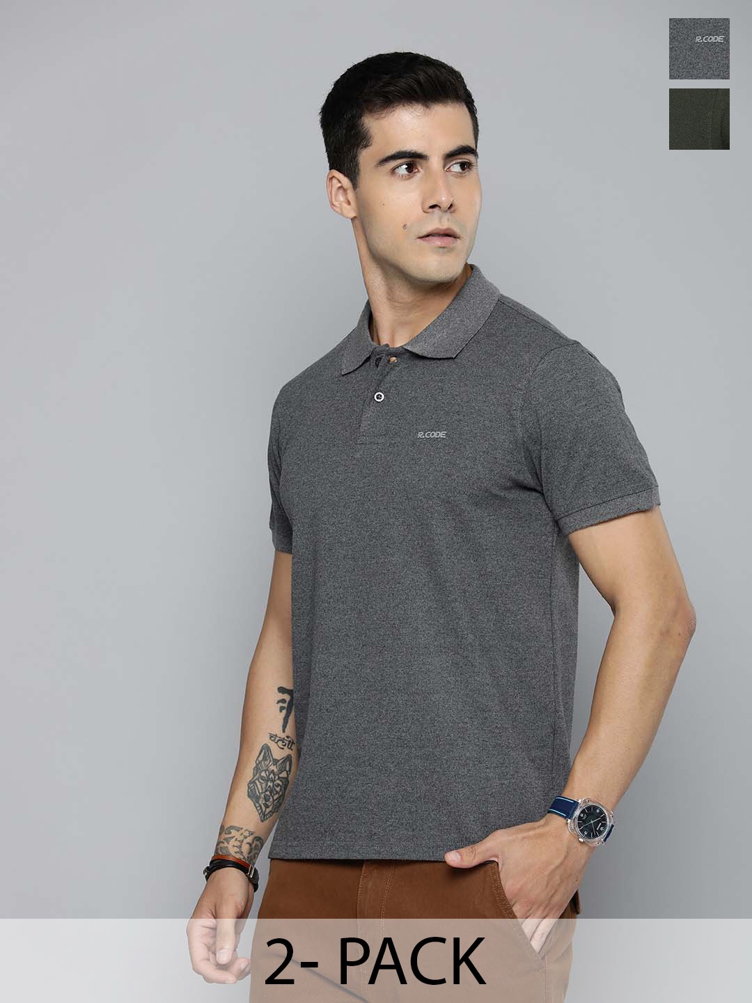 

R.Code by The Roadster Lifestyle Co. Men Regular Fit Pack Of 2 Solid Polo Cotton T-shirts, Grey