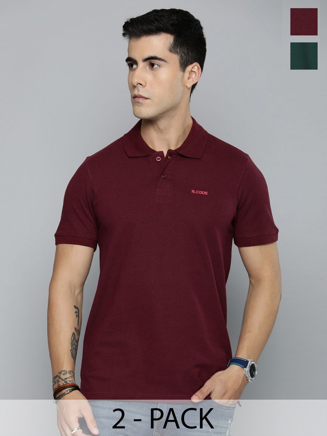 

R.Code by The Roadster Lifestyle Co. Men Regular Fit Pack Of 2 Solid Polo Cotton T-shirts, Maroon