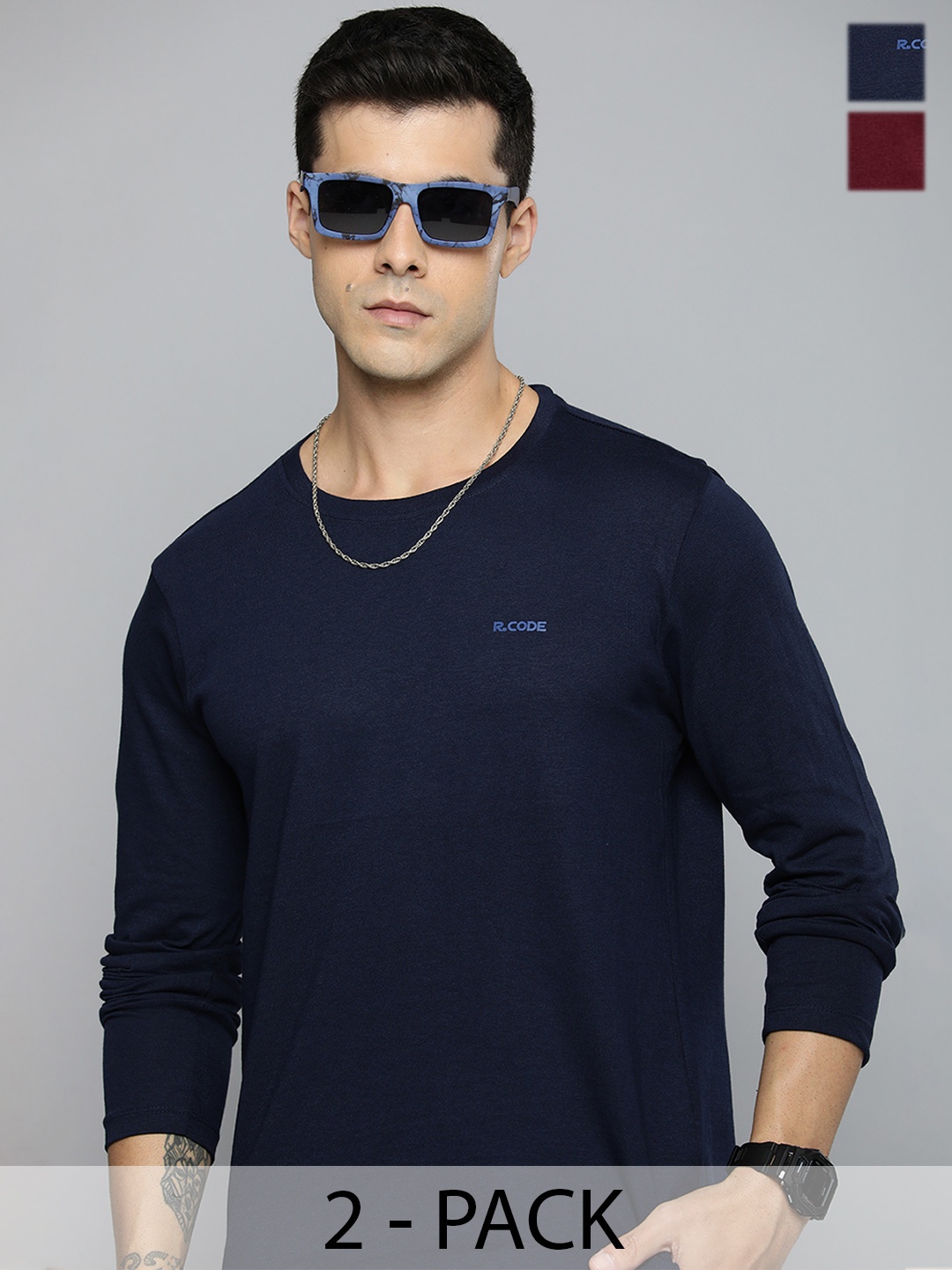 

R.Code by The Roadster Lifestyle Co. Men Regular Fit Pack Of 2 Solid Cotton T-shirts, Multi