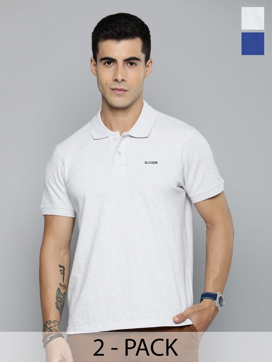 

R.Code by The Roadster Lifestyle Co. Men Regular Fit Pack Of 2 Solid Polo Cotton T-shirts, White