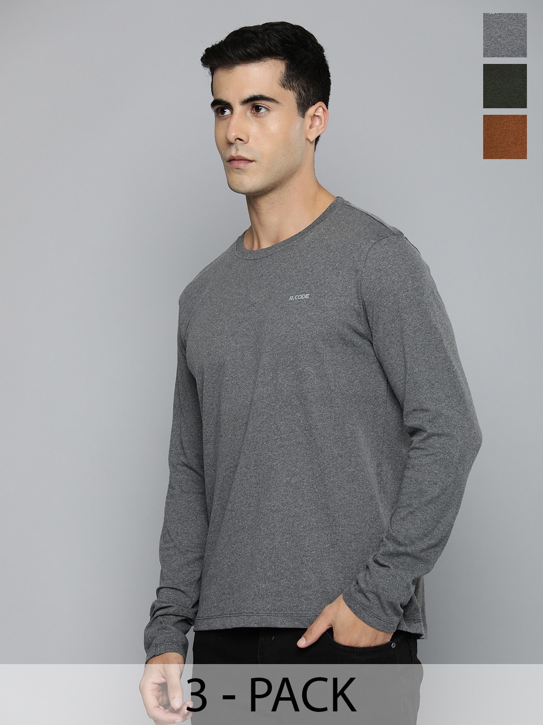 

R.Code by The Roadster Lifestyle Co. Men Regular Fit Pack Of 3 Solid Cotton T-shirts, Grey
