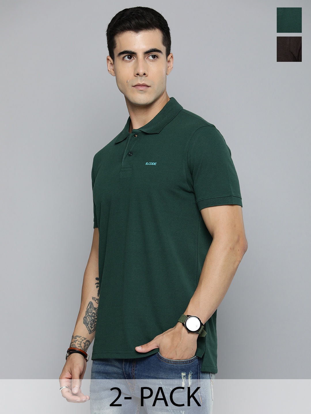 

R.Code by The Roadster Lifestyle Co. Men Regular Fit Pack Of 2 Solid Polo Cotton T-shirts, Green