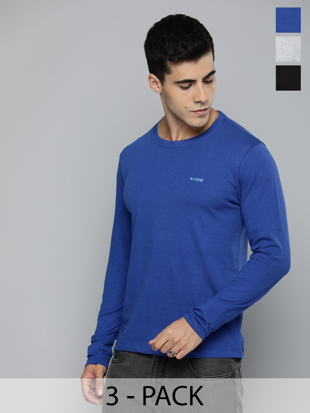 

R.Code by The Roadster Lifestyle Co. Men Regular Fit Pack Of 3 Solid Cotton T-shirts, Blue