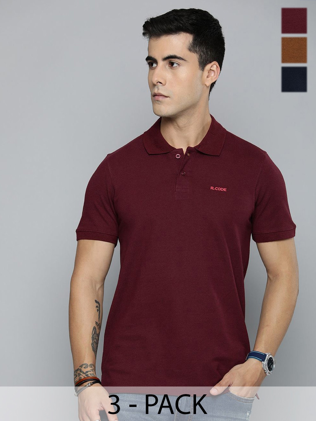 

R.Code by The Roadster Lifestyle Co. Men Regular Fit Pack Of 3 Solid Polo Cotton T-shirts, Maroon