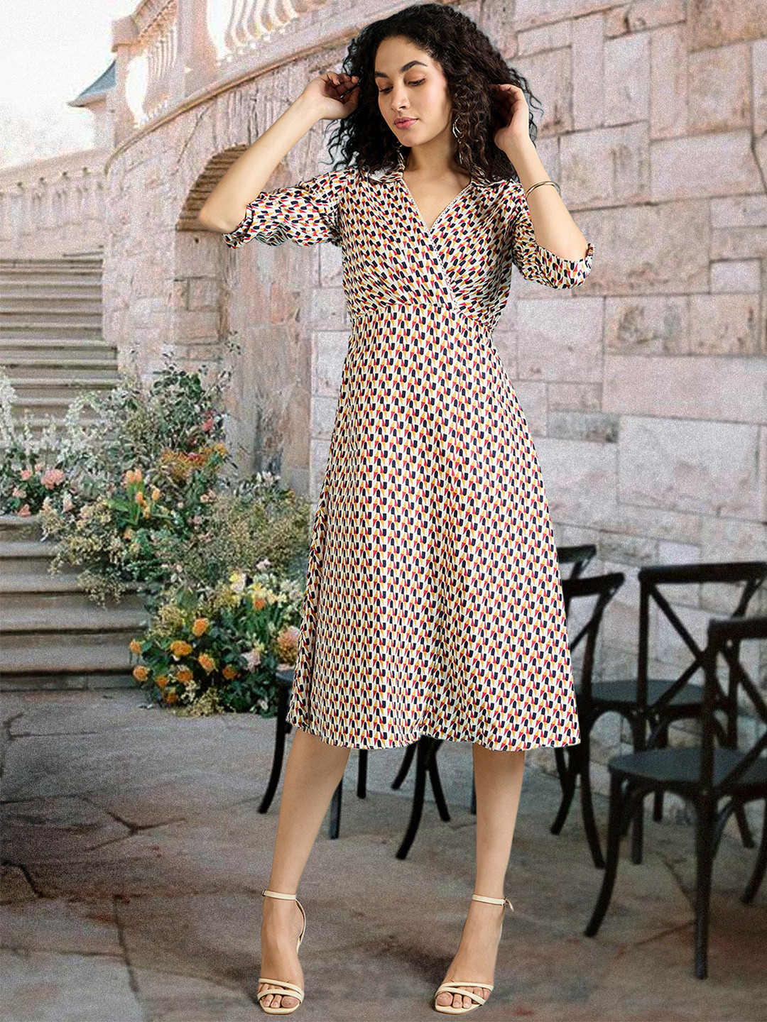

DressBerry Women Printed Puff Sleeves Fit & Flare Midi Dress, Beige