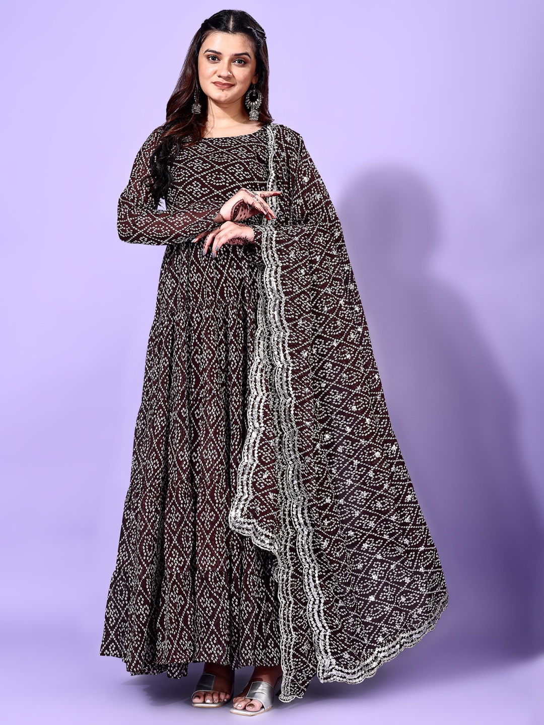 

KALINI Bandhani Printed Round Neck Tiered Georgette Anarkali Kurta With Pyjamas & Dupatta, Black