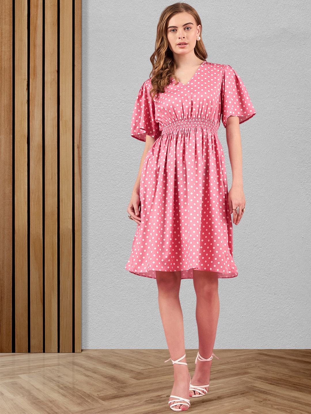 

DressBerry Women Polka Dot Print Flared Sleeve Fit & Flare Dress, Pink