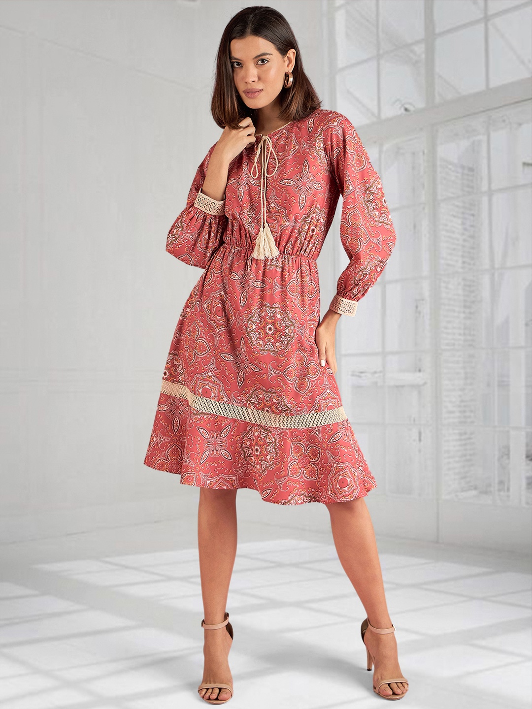 

DressBerry Women Bohemian Printed Tie-Up Neck Crepe Fit & Flare Dress, Red