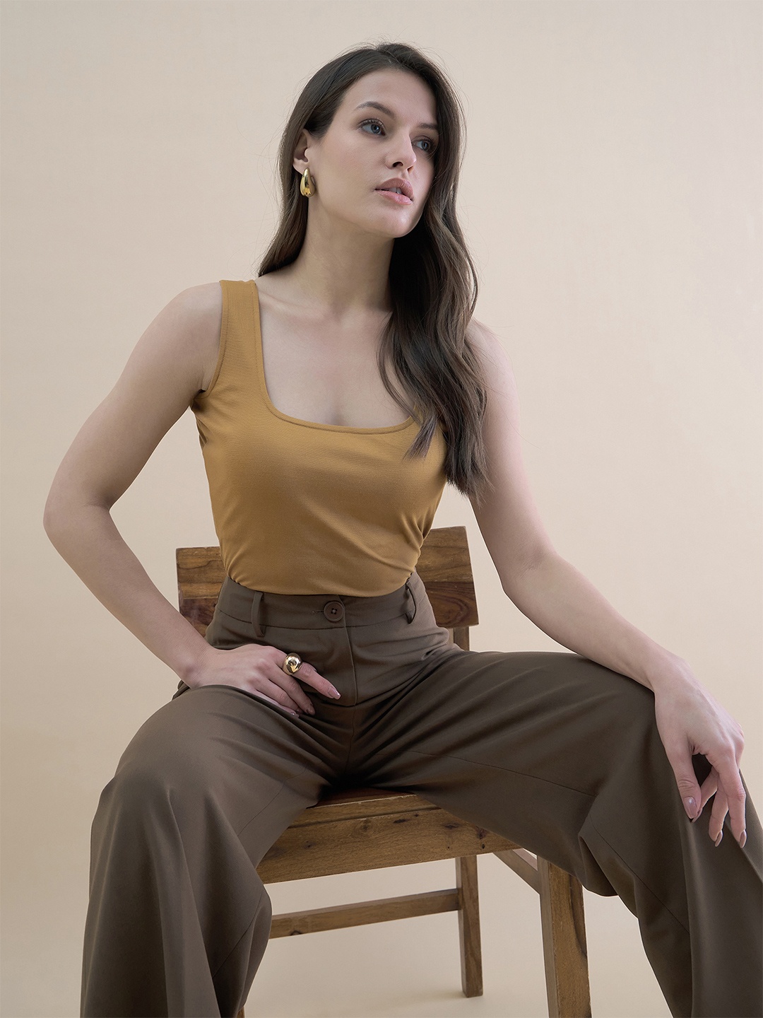 

PowerSutra Women High Waist Tailored Fit Straight Leg Trouser In Stretch, Brown