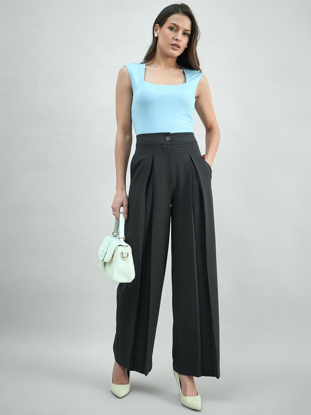 

PowerSutra Women Comfort Loose Fit High-Rise Easy Wash Pleated Trousers, Grey