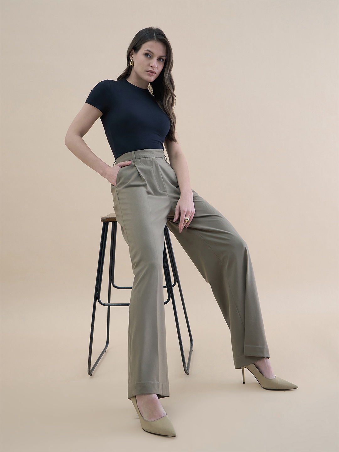 

PowerSutra Women High-Waist Pleated Straight Leg Relaxed 4-Way Stretchable Fit Trouser, Beige