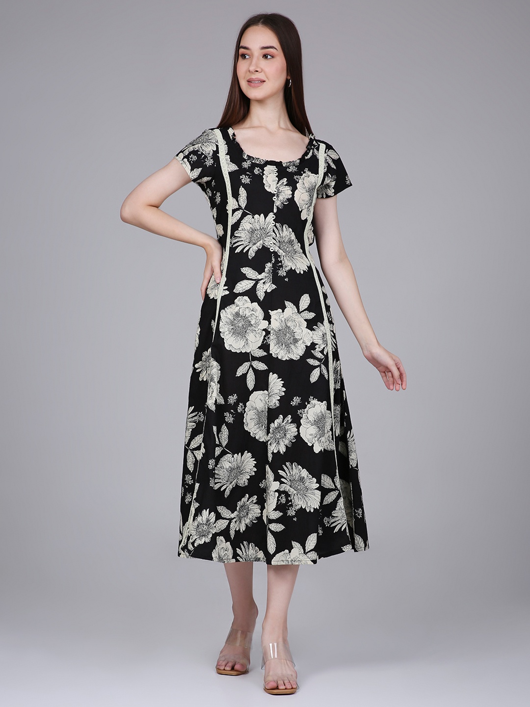 

Saffron Threads Cotton Floral Printed A-Line Midi Dress, Black