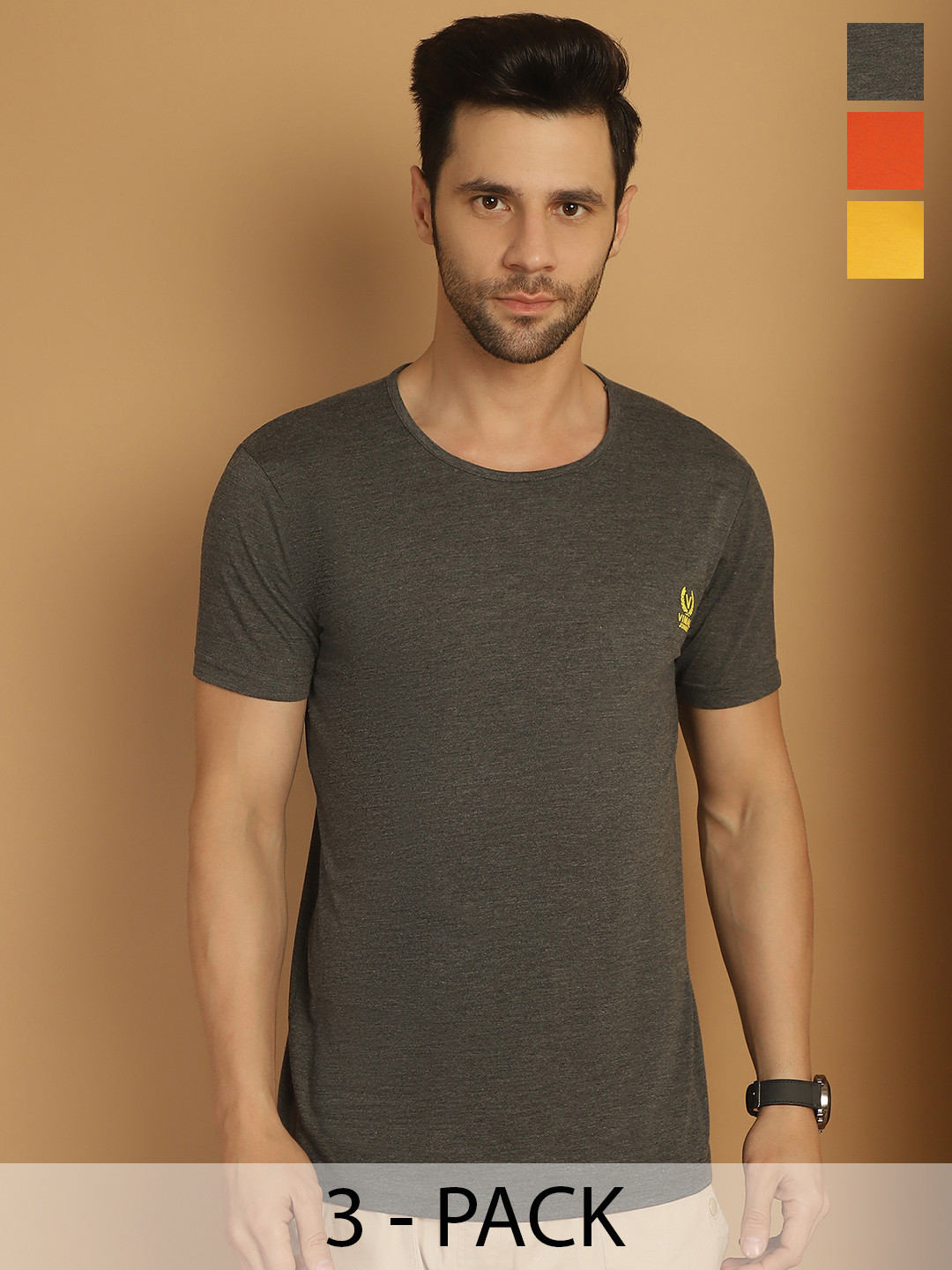 

VIMAL JONNEY Men Pack Of 3 Solid Round Neck Cotton T-shirts, Charcoal