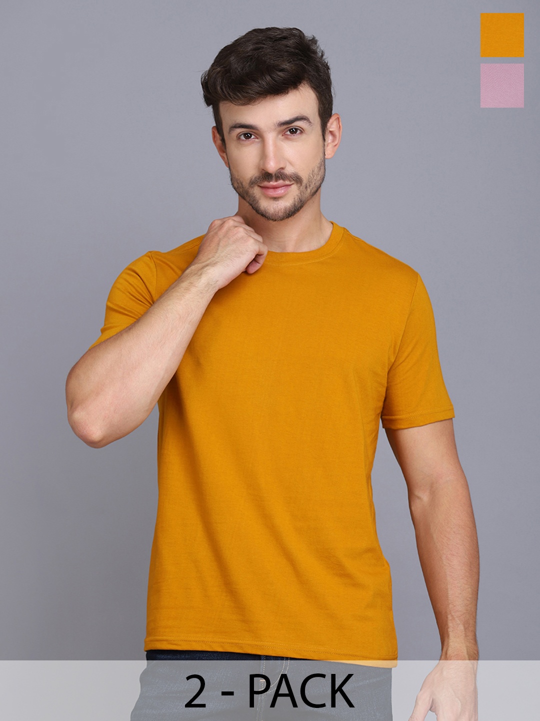 

WOOSTRO Men Pack Of 2 Solid Round Neck Cotton Slim Fit T-shirts, Mustard