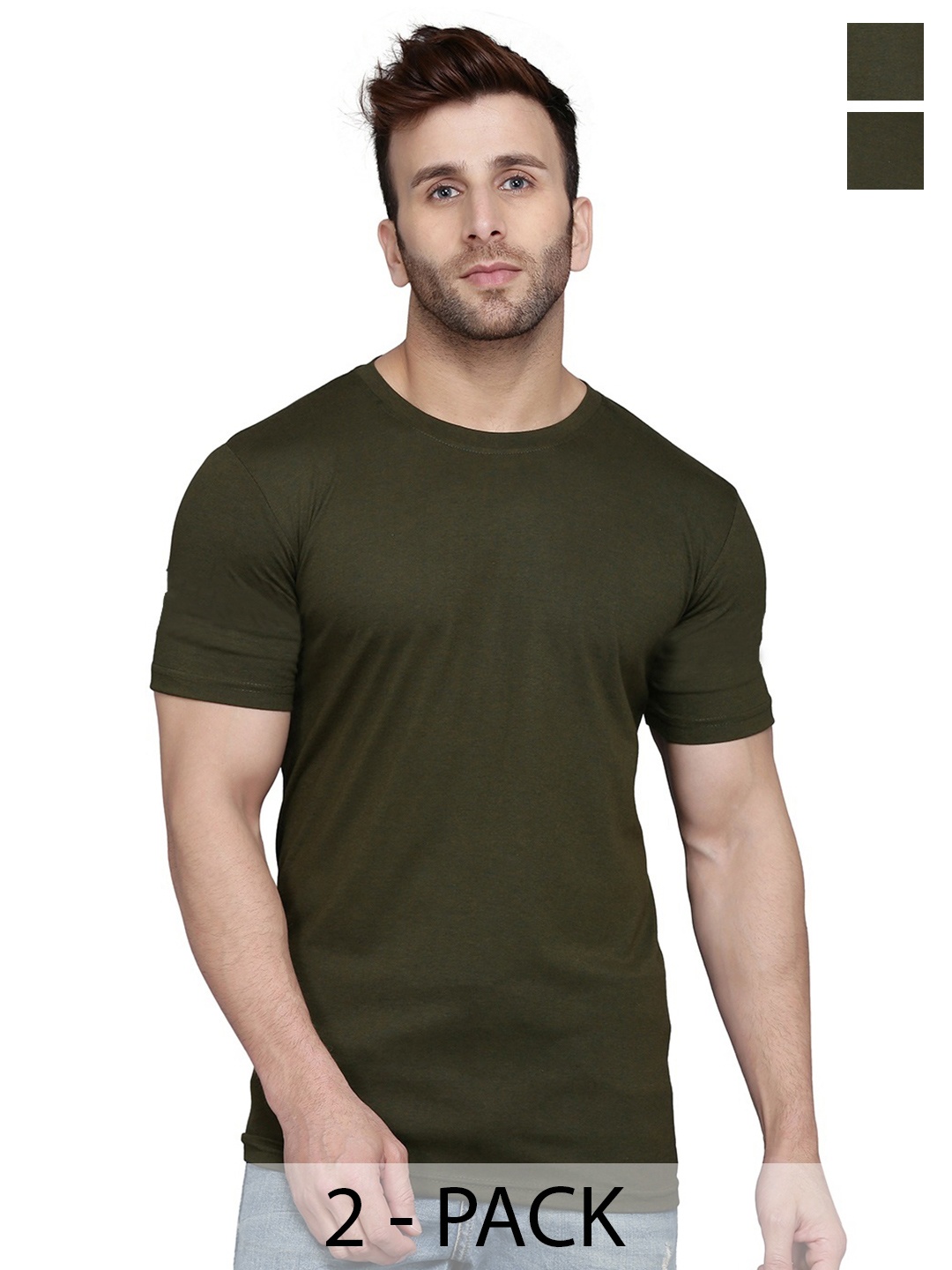 

WOOSTRO Men Pack Of 2 Solid Round Neck Cotton Slim Fit T-shirts, Olive