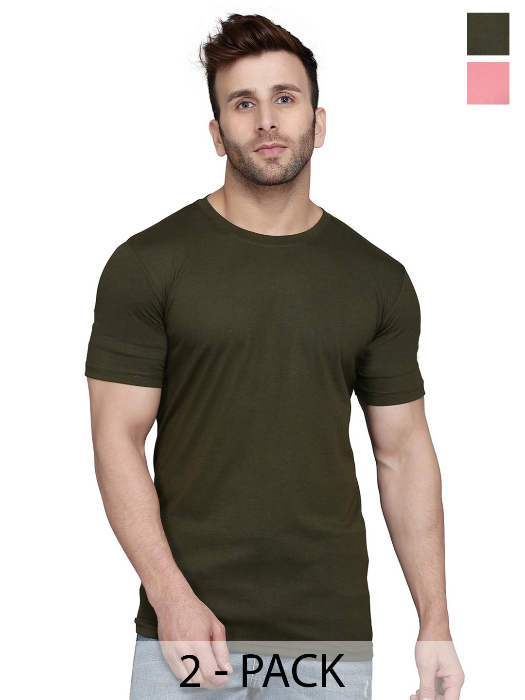 

WOOSTRO Men Pack Of 2 Solid Round Neck Cotton Slim Fit T-shirts, Olive