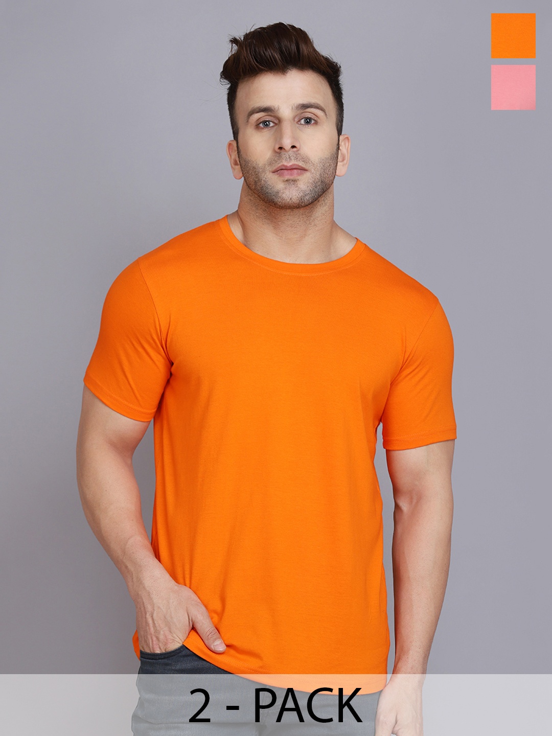 

WOOSTRO Men Pack Of 2 Solid Round Neck Cotton Slim Fit T-shirts, Orange