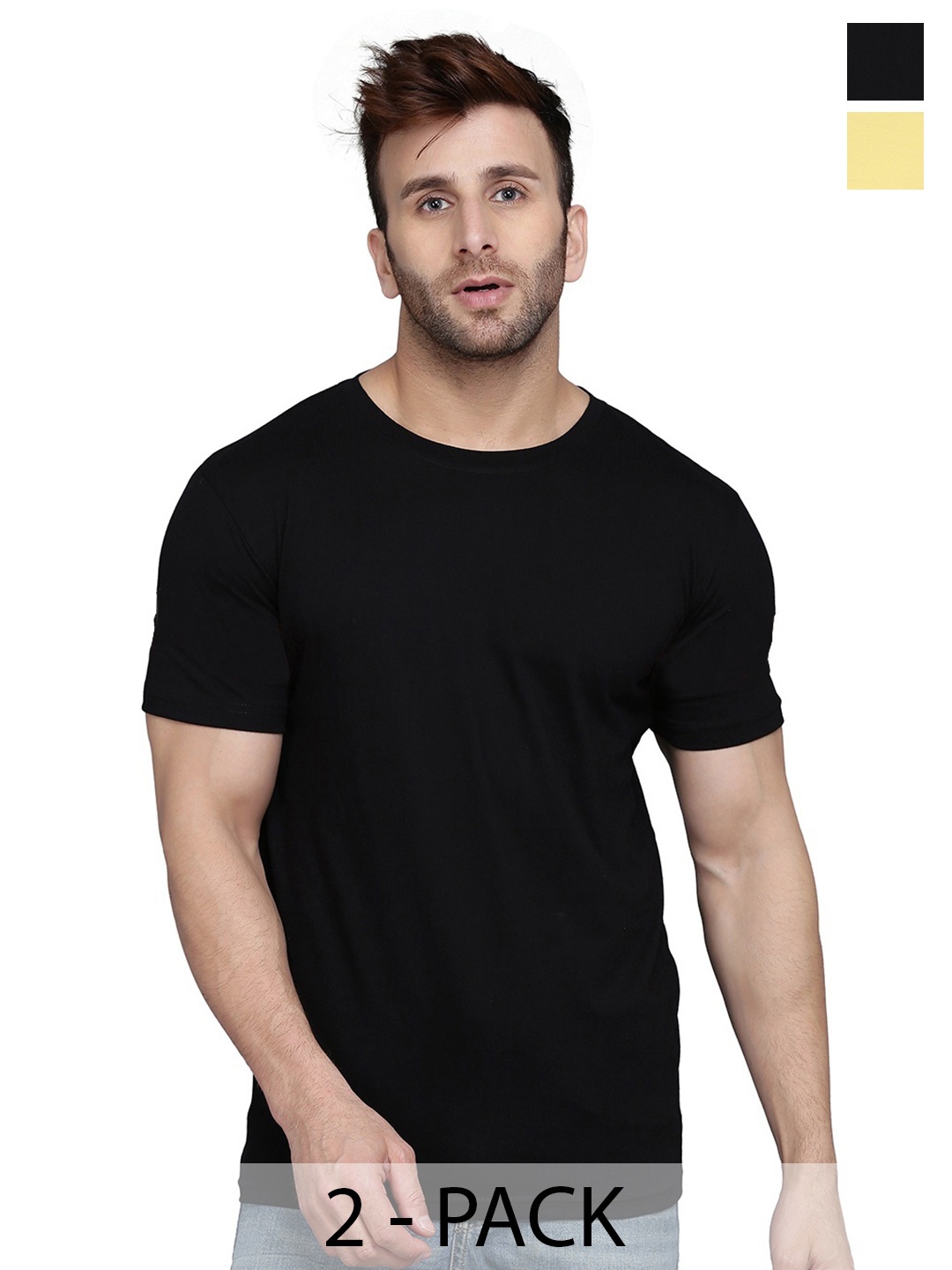 

WOOSTRO Men Pack Of 2 Solid Round Neck Cotton Slim Fit T-shirts, Black