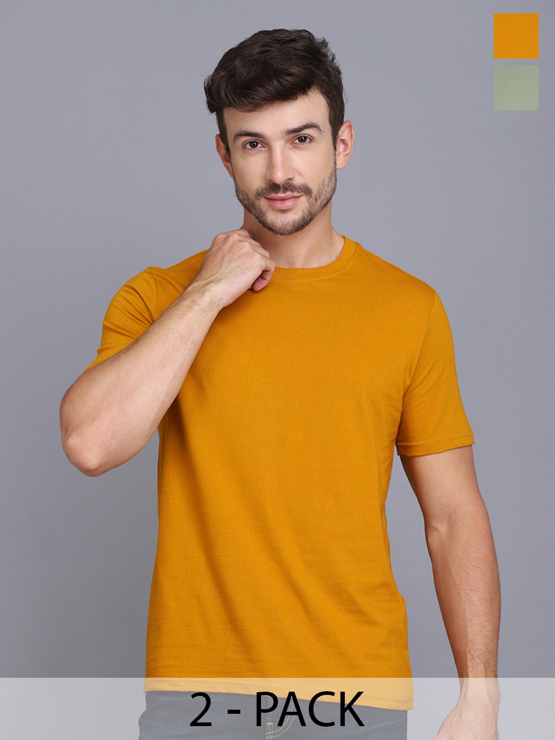 

WOOSTRO Men Pack Of 2 Solid Round Neck Cotton Slim Fit T-shirts, Mustard